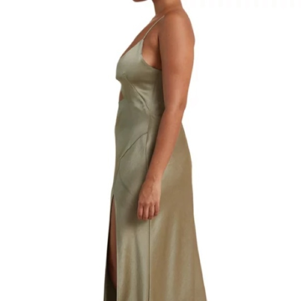 NWT Olive, mossy maxi slip dress, spaghetti strap deep V Neck thigh slit hem - Picture 12 of 12
